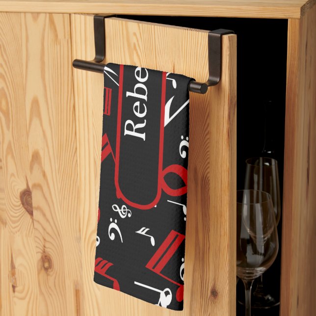 Personalized Red White and Black Musical Notes Kitchen Towel (Thirds Fold)