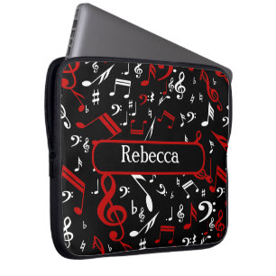 Personalized Red White and Black Musical Notes Laptop Sleeve