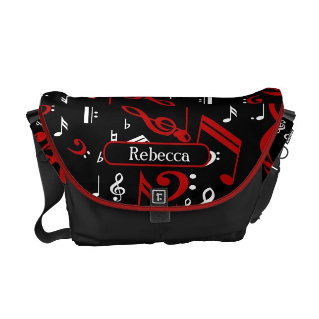 Personalized Red White and Black Musical Notes Messenger Bag (Front)