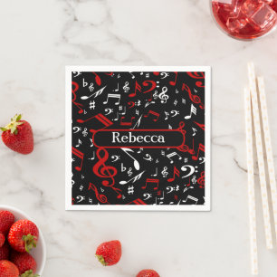 Personalized Red White and Black Musical Notes Napkin