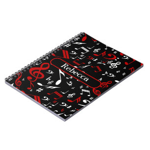 Personalized Red White and Black Musical Notes Notebook