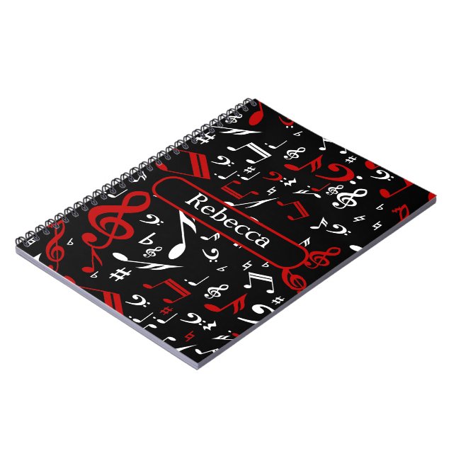Personalized Red White and Black Musical Notes Notebook (Left Side)