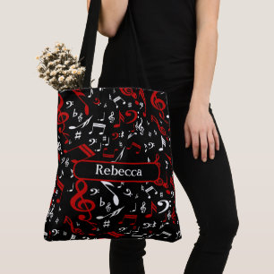 Personalized Red White and Black Musical Notes Tote Bag