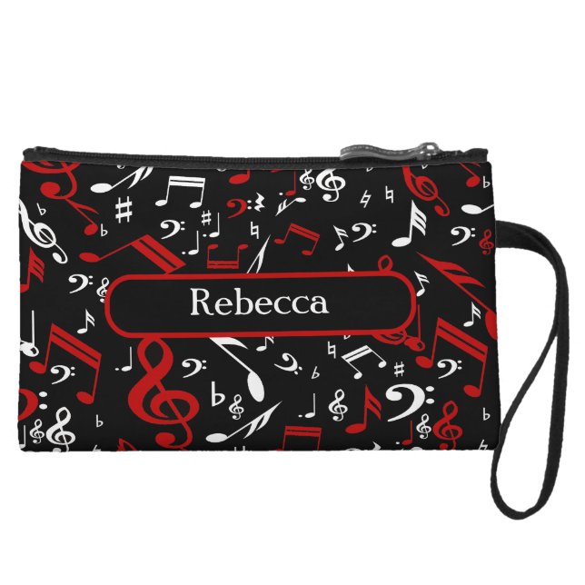 Personalized Red White and Black Musical Notes Wristlet (Front)