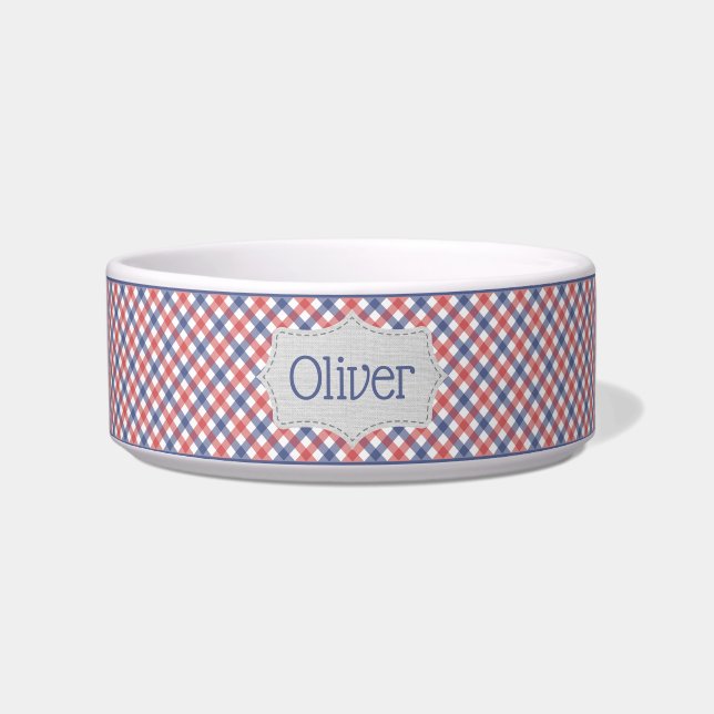 Personalized Red, White, and Blue Plaid Pet Bowl (Front)