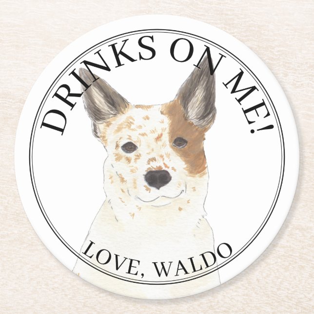 Personalized Red White Australian Cattledog Heeler Round Paper Coaster (Front)