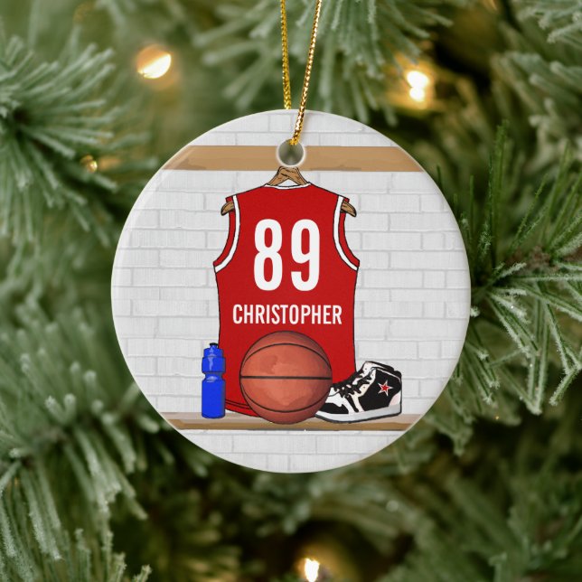 Personalized Red White Basketball Jersey Ceramic Ornament (Tree)
