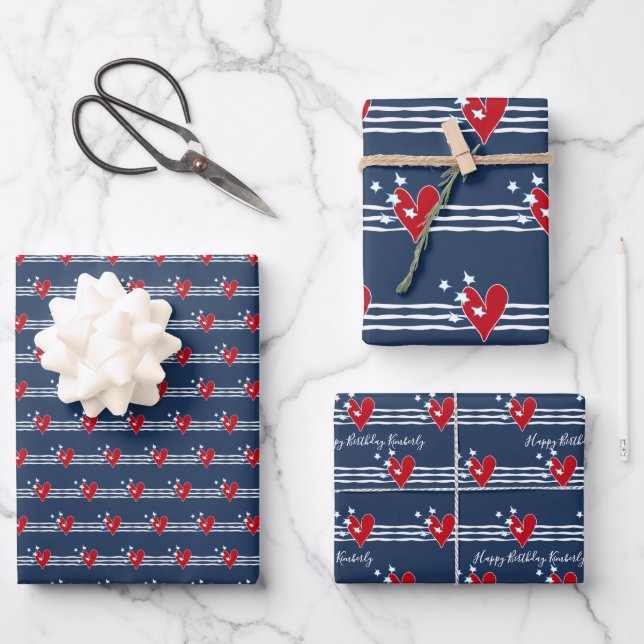 Personalized Red White Blue Birthday Wrapping Paper Sheet (Front)