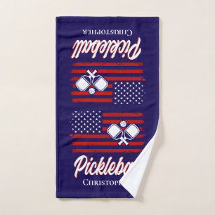 Personalized Red White Blue Flag Pickleball Hand Towel