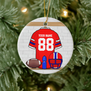 Personalized Red White Blue Football Jersey Ceramic Ornament