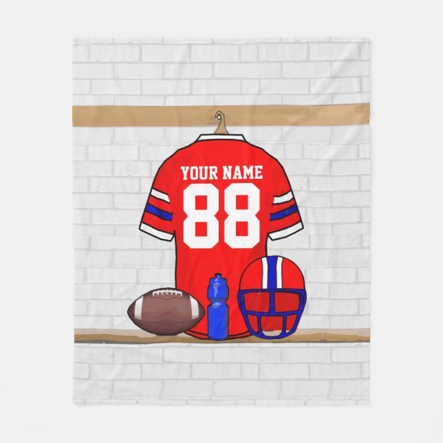 Personalized Red White Blue Football Jersey Fleece Blanket (Front)