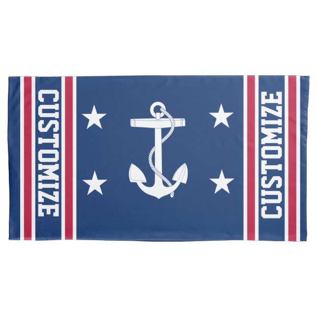 Personalized Red White & Blue Nautical Anchor Flag Pillowcase (Front)