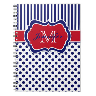 Personalized Red White Blue Striped Polka Dots Notebook