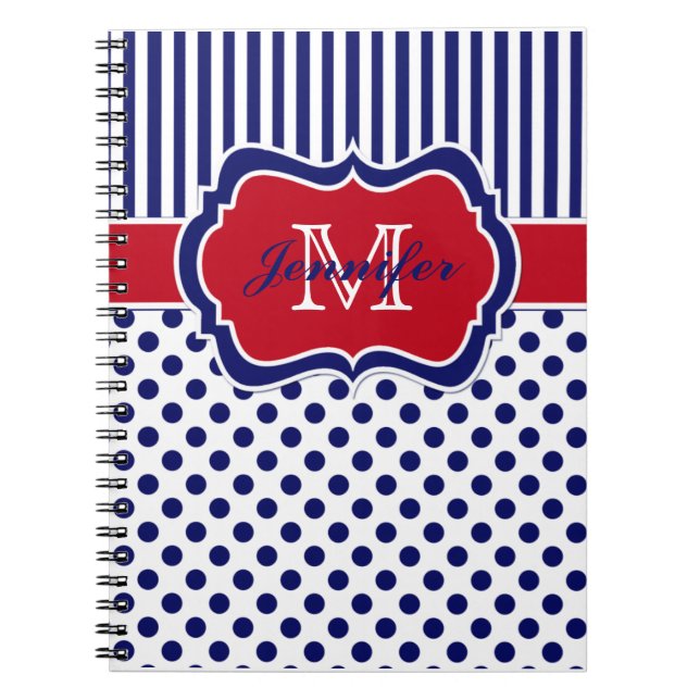 Personalized Red White Blue Striped Polka Dots Notebook (Front)