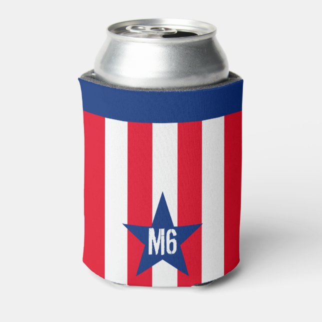 Personalized Red White Blue Striped Stars Patriot Can Cooler (Can Back)