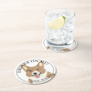 Personalized Red & White Corgi Dog Wedding Round Paper Coaster