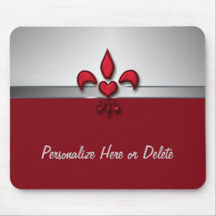 Personalized Red White Grey Fleur de Lis Heart Mouse Pad