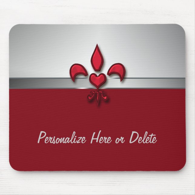 Personalized Red White Grey Fleur de Lis Heart Mouse Pad (Front)