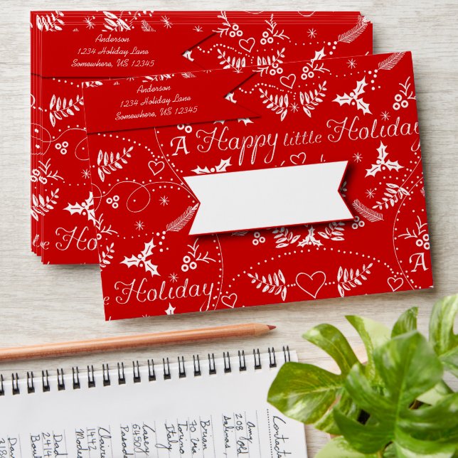 Personalized Red white Holly Happy little Holiday Envelopes (Stacked)