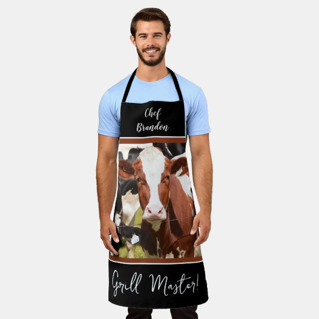Personalized Red, White Holstein Grill Master Apron (Worn)