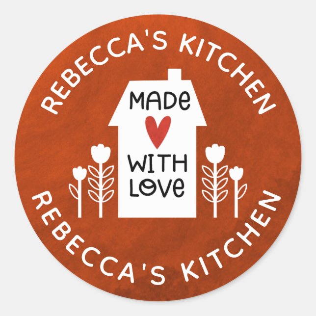 Personalized  Red White Homemade With Love Classic Round Sticker (Front)