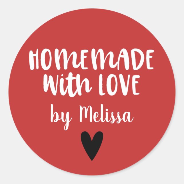 Personalized Red White Homemade With Love Classic Round Sticker (Front)