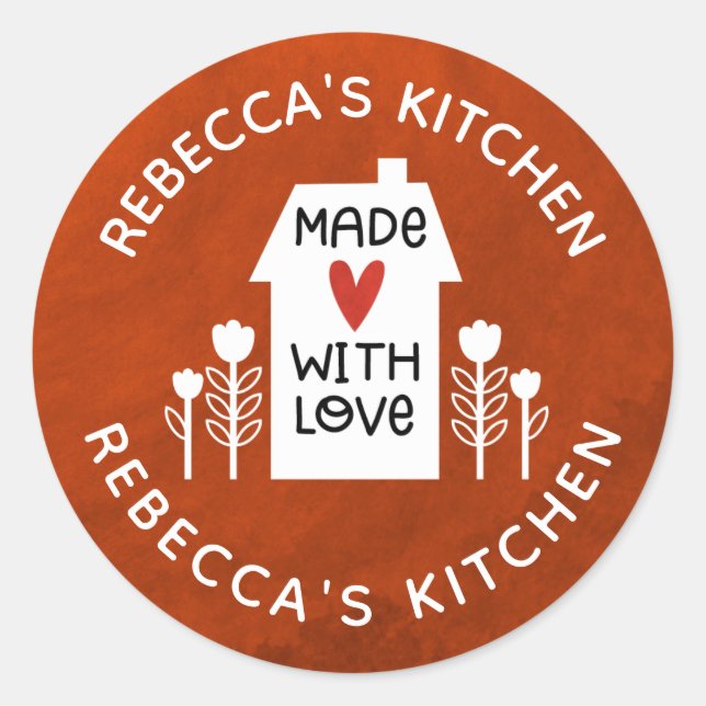 Personalized  Red White Homemade With Love Classic Round Sticker (Front)