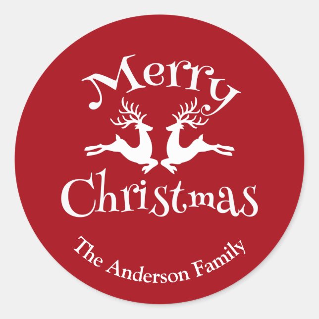 Personalized Red White Merry Christmas Reindeer Classic Round Sticker (Front)