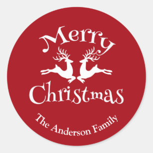 Personalized Red White Merry Christmas Reindeer Classic Round Sticker