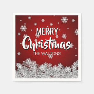 Personalized RED White MERRY CHRISTMAS Snowflakes Napkin