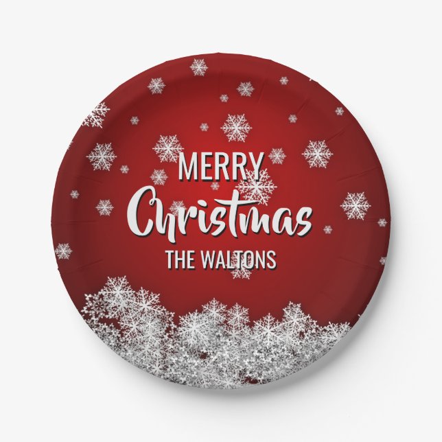 Personalized RED White MERRY CHRISTMAS Snowflakes Paper Plate (Front)