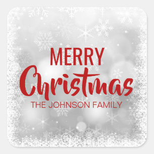 Personalized RED White MERRY CHRISTMAS Snowflakes Square Sticker