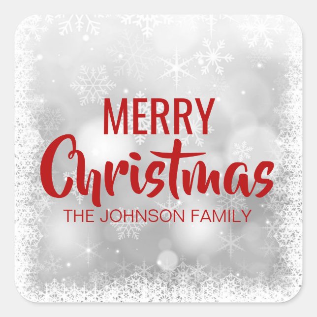 Personalized RED White MERRY CHRISTMAS Snowflakes Square Sticker (Front)
