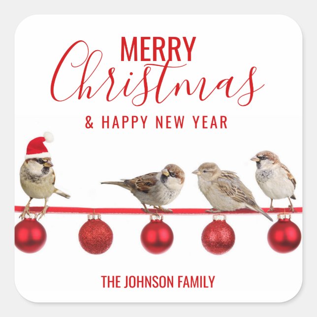 Personalized RED White MERRY CHRISTMAS Sparrows Square Sticker (Front)