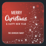 Personalized RED White MERRY CHRISTMAS Tree Lights Square Sticker<br><div class="desc">Add these modern & personalized RED white Christmas holiday and happy new year stickers to your greeting cards,  envelopes or gifts.  Christmas tree in red white twinkling lights. Editable text - colour,  font and size.</div>