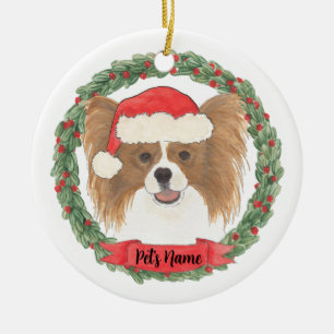 Personalized Red & White Papillon Christmas Ceramic Ornament