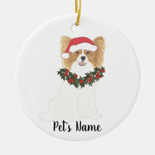 Personalized Red & White Papillon Christmas Ceramic Ornament