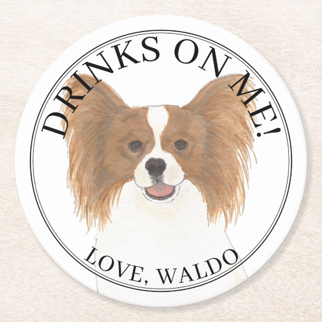 Personalized Red & White Papillon Dog Wedding Round Paper Coaster (Front)