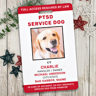 Personalized Red White PTSD Service Dog Photo ID Badge