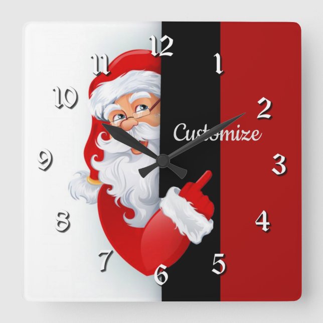 Personalized Red & White Santa Square Wall Clock (Front)