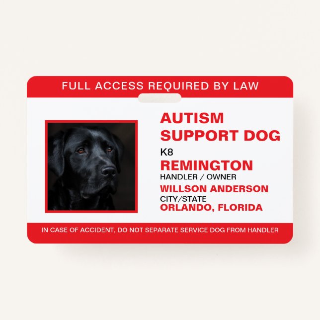Personalized Red White Service Dog Photo ID Badge (Front)
