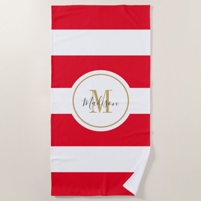 Personalized Red White Stripes Script Monogram Beach Towel (Front)
