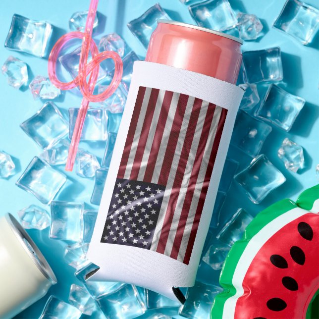 Personalized Red White Stripes Starry Blue US Flag Seltzer Can Cooler (In Situ Summer)