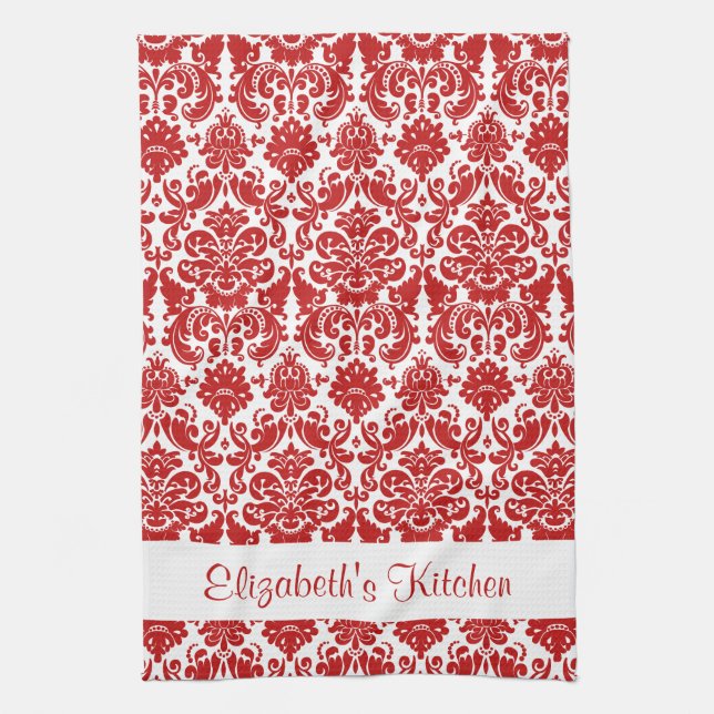 Personalized Red White Vintage Damask Kitchen Towel (Vertical)