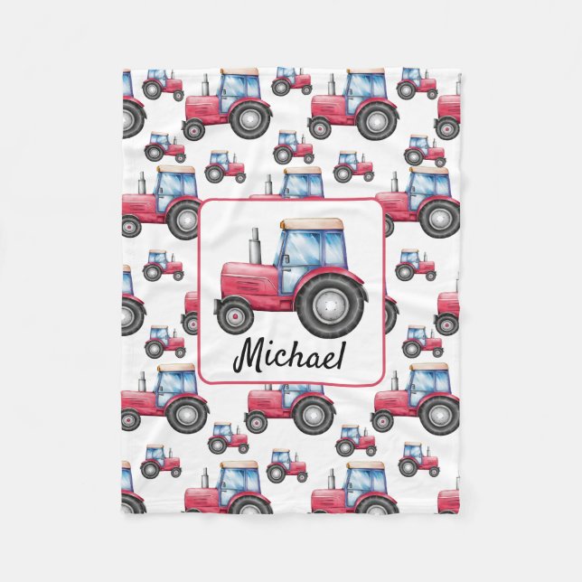 Personalized Red white Watercolor Tractor Pattern Fleece Blanket (Front)