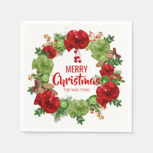 Personalized RED White Wreath Merry Christmas Napkin