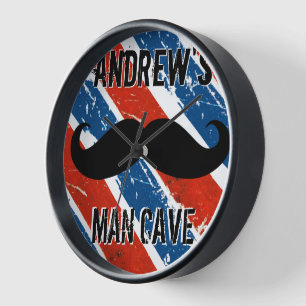 Personalized Red Whte and Blue Moustache Man Cave Clock