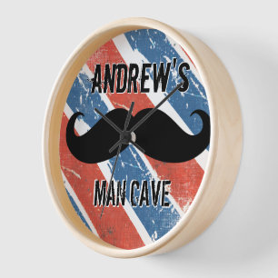 Personalized Red Whte and Blue Moustache Man Cave Wall Clock