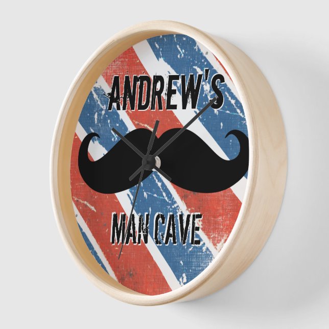 Personalized Red Whte and Blue Moustache Man Cave Wall Clock (Angle)