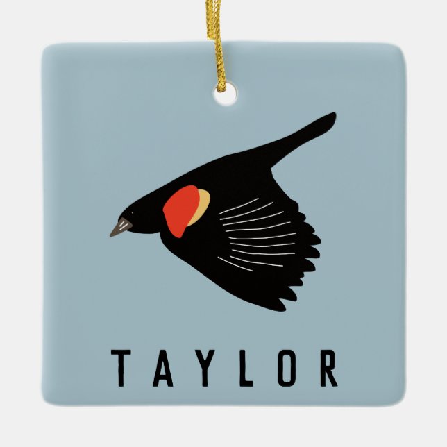 Personalized Red-Winged Blackbird in Flight Ceramic Ornament (Front)